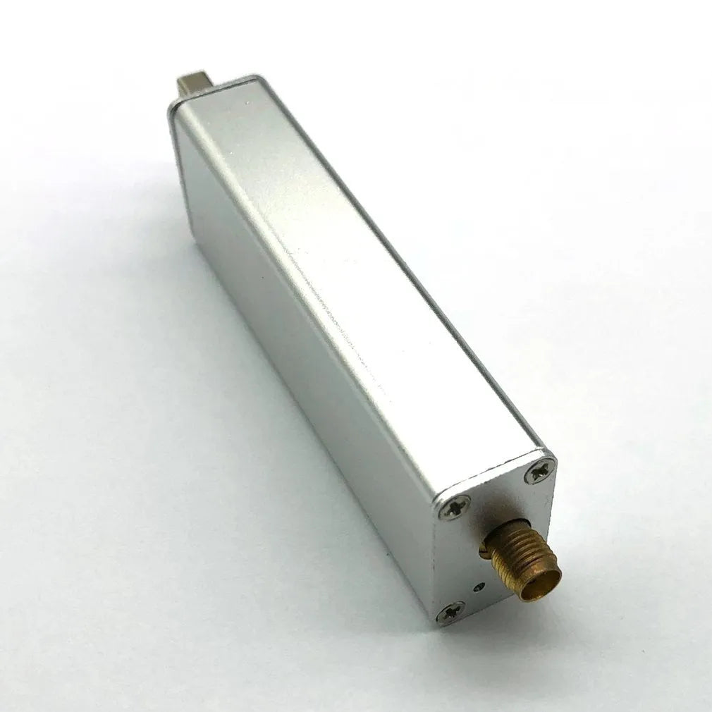 Black or white metal-cased all-band software defined radio receiver with a golden SMA antenna connector.