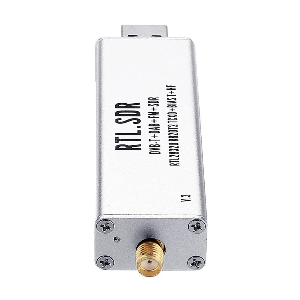 Black or white metal-cased all-band software defined radio receiver with a golden SMA antenna connector.