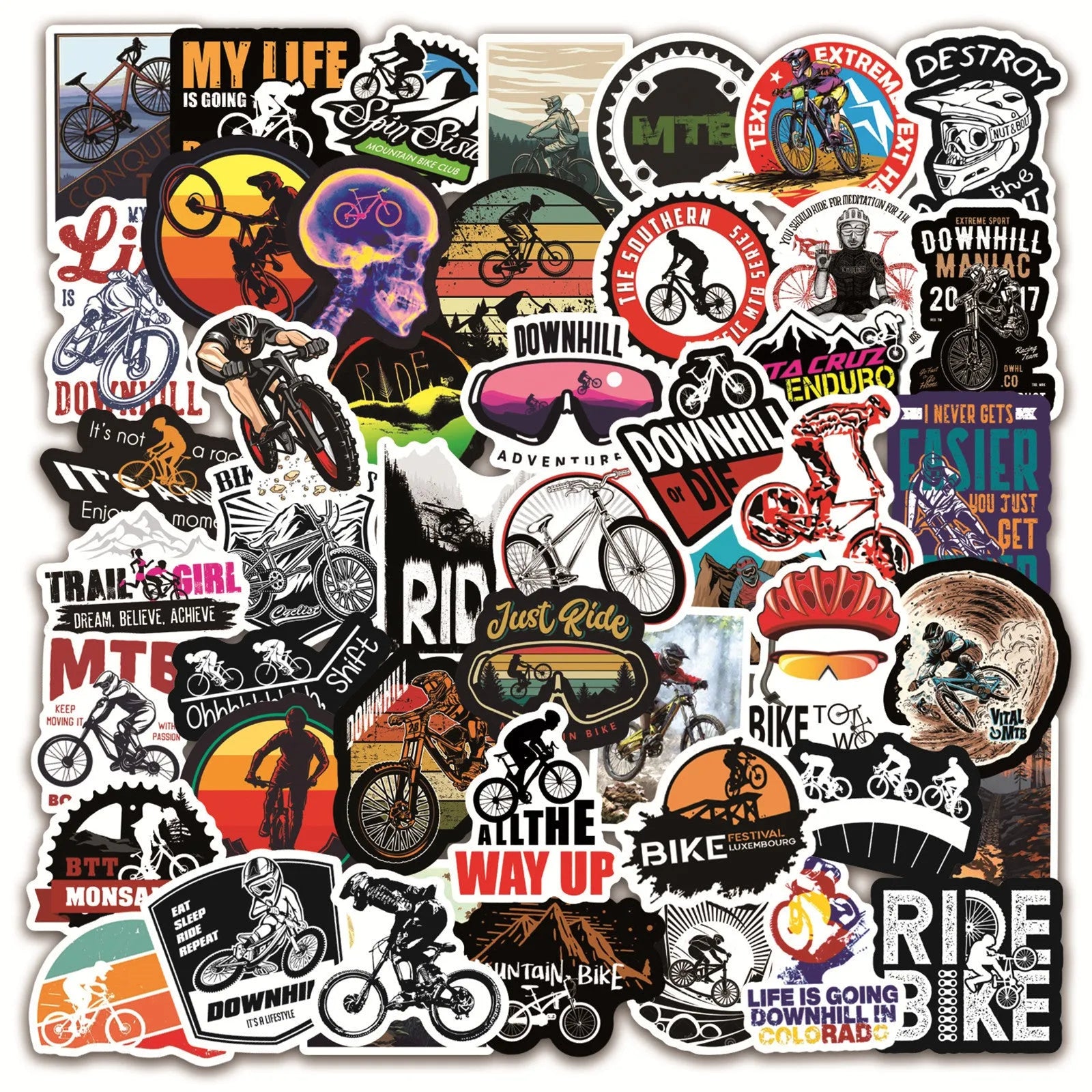 Pack of 50 bicycle-themed doodle vinyl stickers for mountain bike frame customisation.