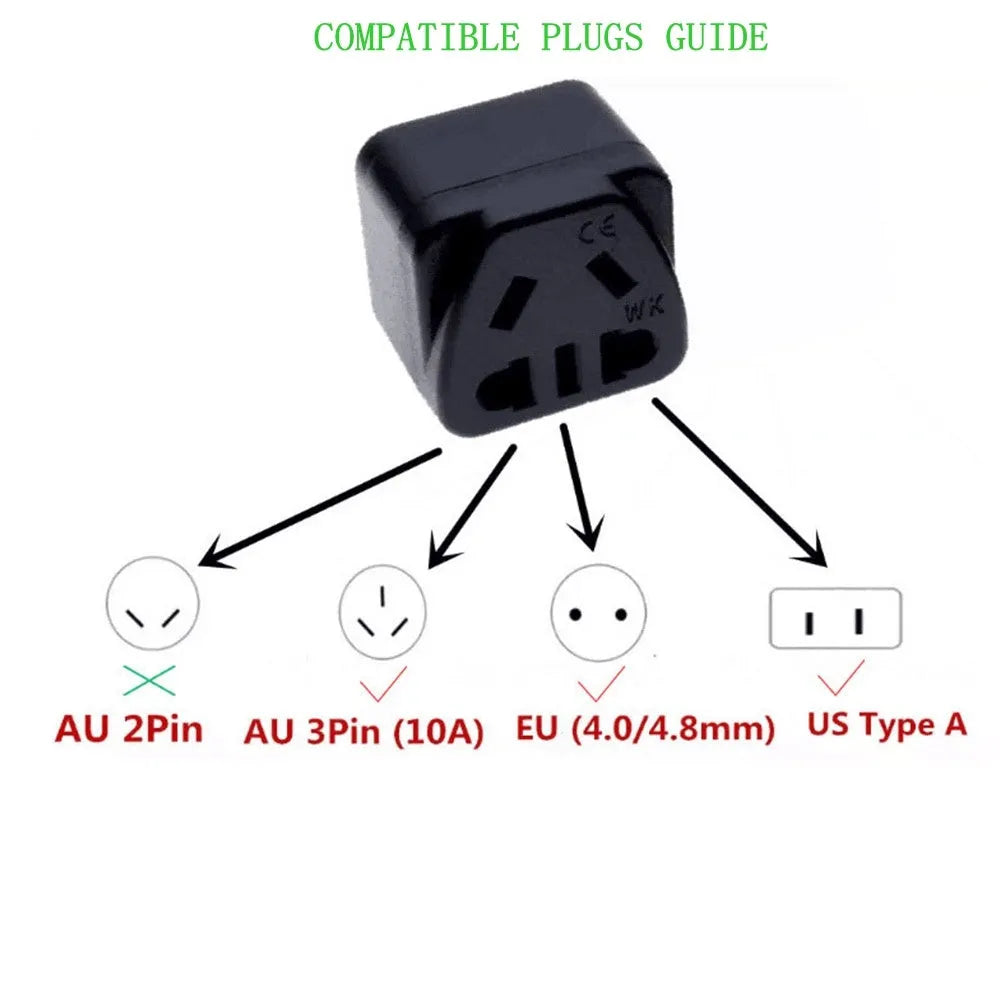 White and black square three-pin international plug adapter for 13A grounded connections.