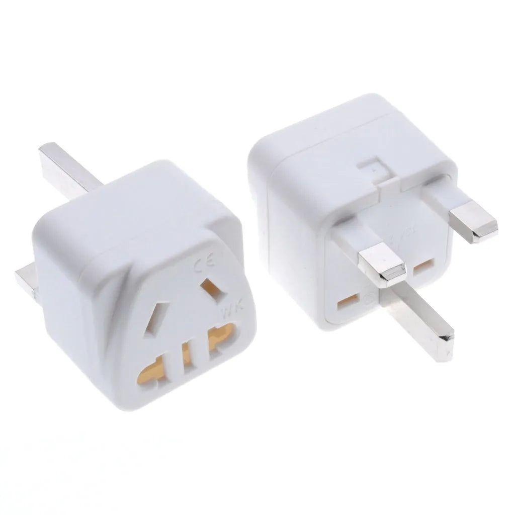 White and black square three-pin international plug adapter for 13A grounded connections.