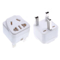 White and black square three-pin international plug adapter for 13A grounded connections.