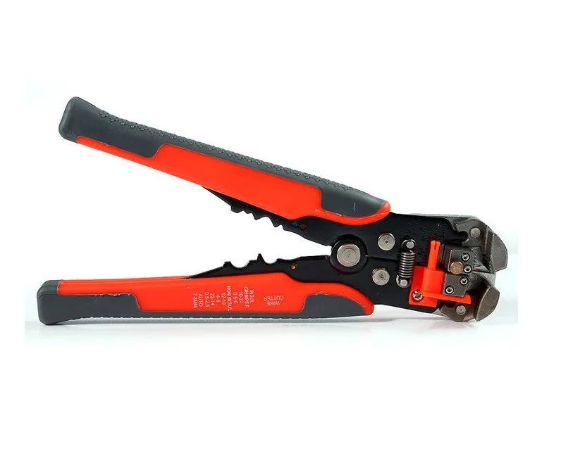 Yellow automatic cable wire stripper and crimping plier tool on a workbench.