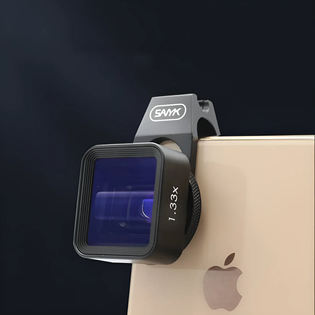 Black SANYK 1.33x anamorphic lens for smartphones to record cinematic widescreen video.