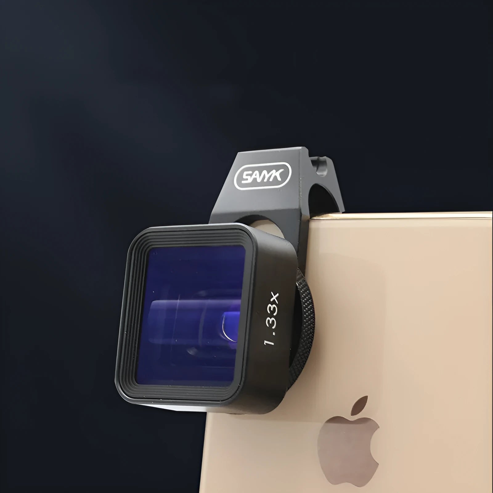 Black SANYK 1.33x anamorphic lens for smartphones to record cinematic widescreen video.