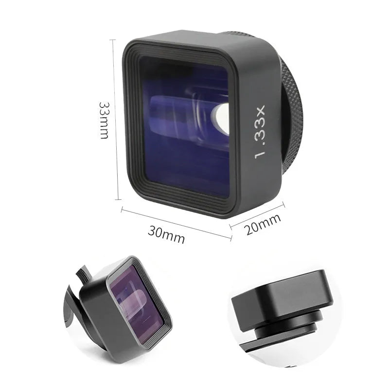 Black SANYK 1.33x anamorphic lens for smartphones to record cinematic widescreen video.
