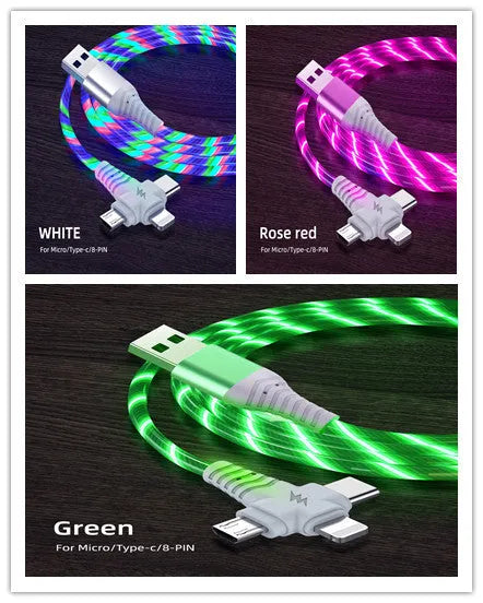 Three-in-one fast charging cable with luminous streamer and aluminium alloy connectors