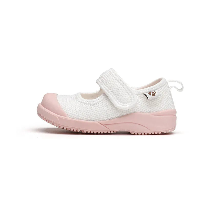White children's cloth shoes with a breathable mesh upper and a Velcro strap fastening.