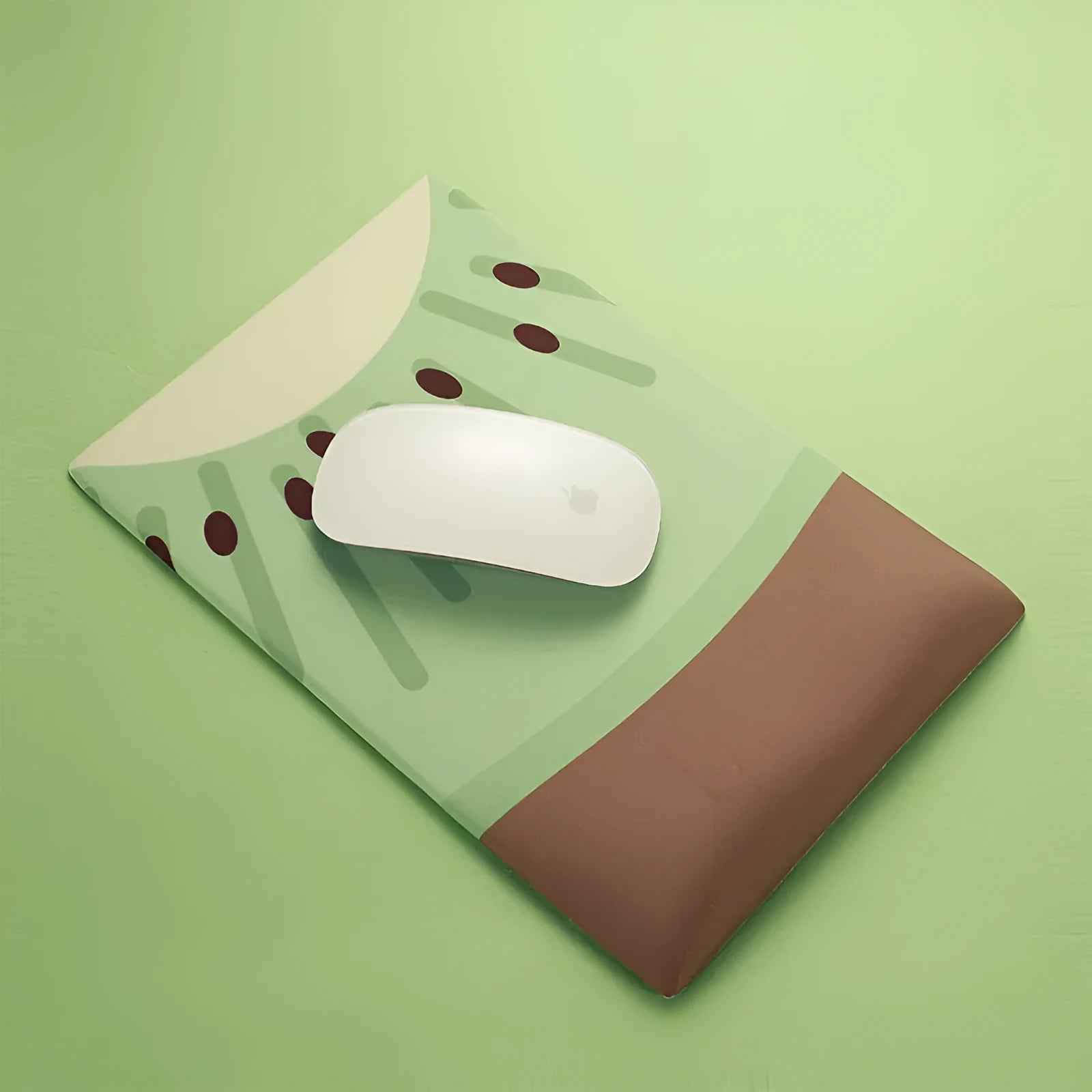 Green kiwi-shaped mouse pad with thick wrist support on a desk