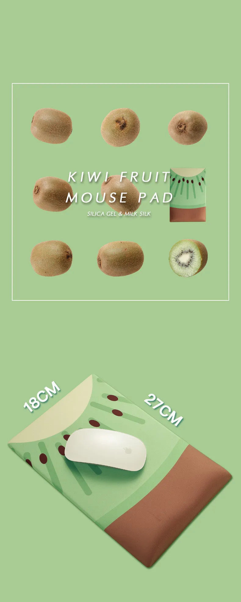 Green kiwi-shaped mouse pad with thick wrist support on a desk