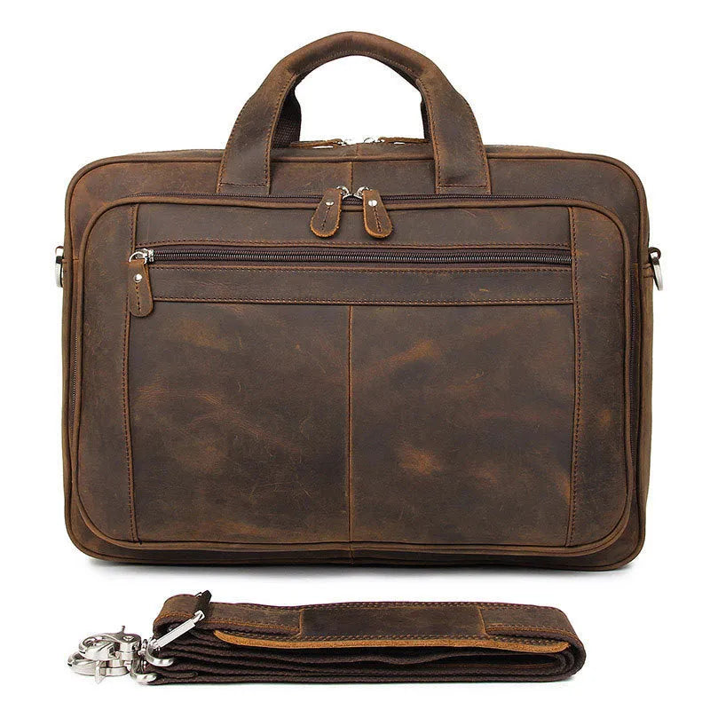 Men's dark brown Crazy Horse leather laptop bag with double handles and zip closure on a neutral background