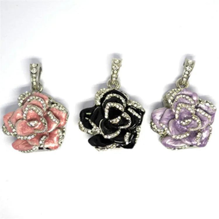 Diamond-studded metal rose flower crystal USB flash drive with metal shell in blue colour option