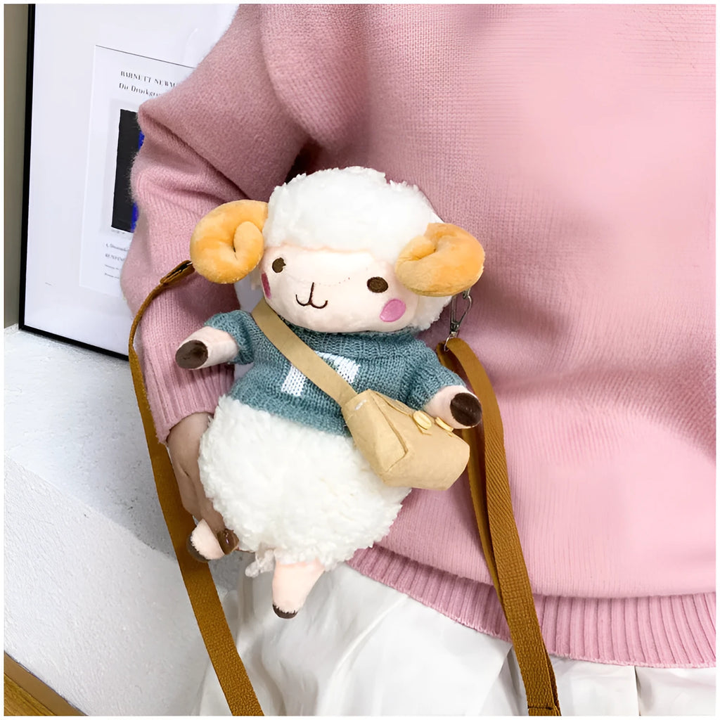Little Sheep pattern plush crossbody bag in blue with zip opening and soft handle