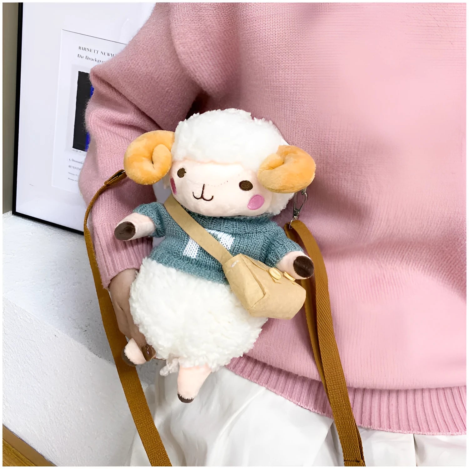 Little Sheep pattern plush crossbody bag in blue with zip opening and soft handle