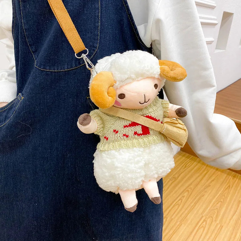 Little Sheep pattern plush crossbody bag in blue with zip opening and soft handle