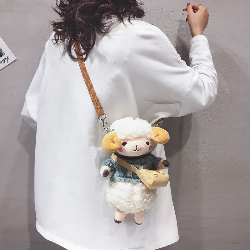 Little Sheep pattern plush crossbody bag in blue with zip opening and soft handle