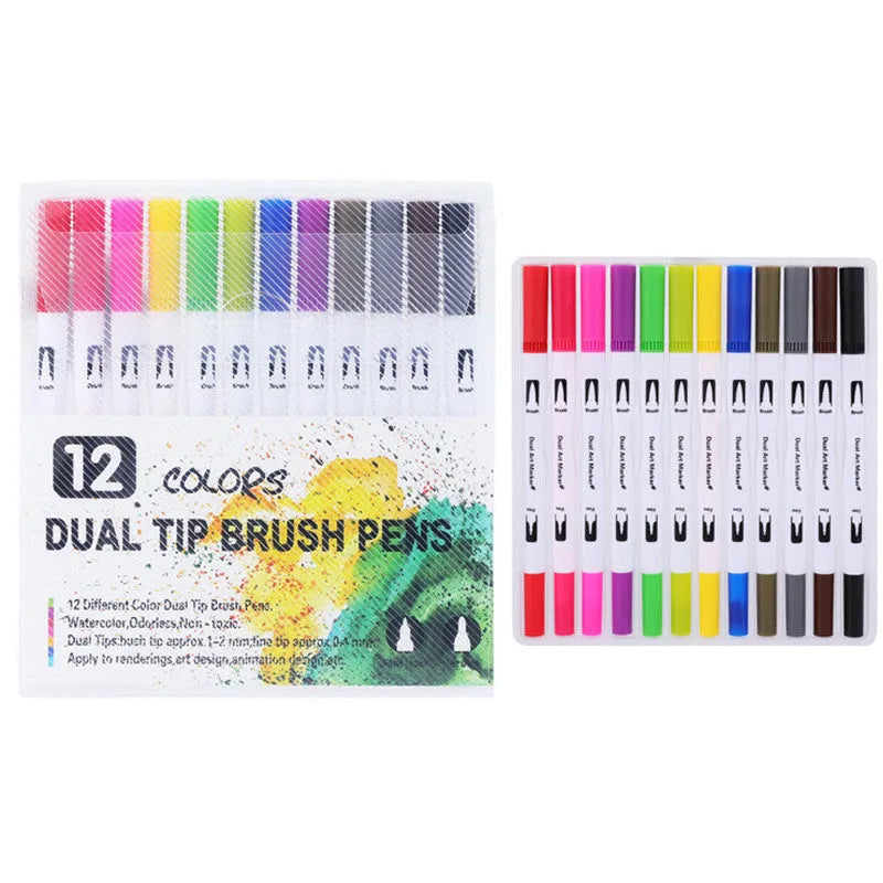 Set of double-ended watercolour marker pens with brush and fine tips in a PP storage case.