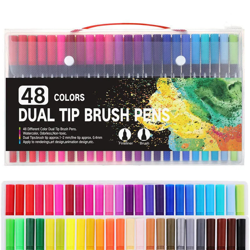 Set of double-ended watercolour marker pens with brush and fine tips in a PP storage case.