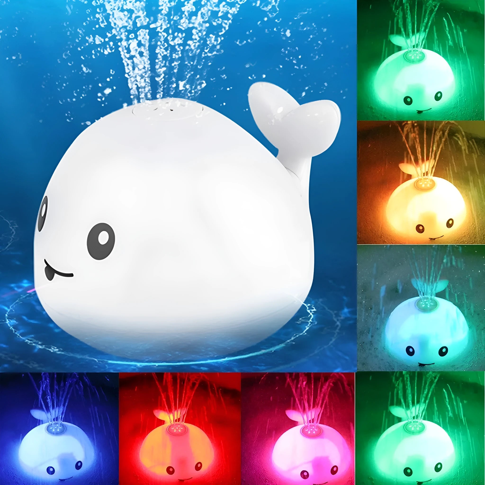 Grey and white cartoon whale bath toy spraying water with LED lights illuminated on water surface.