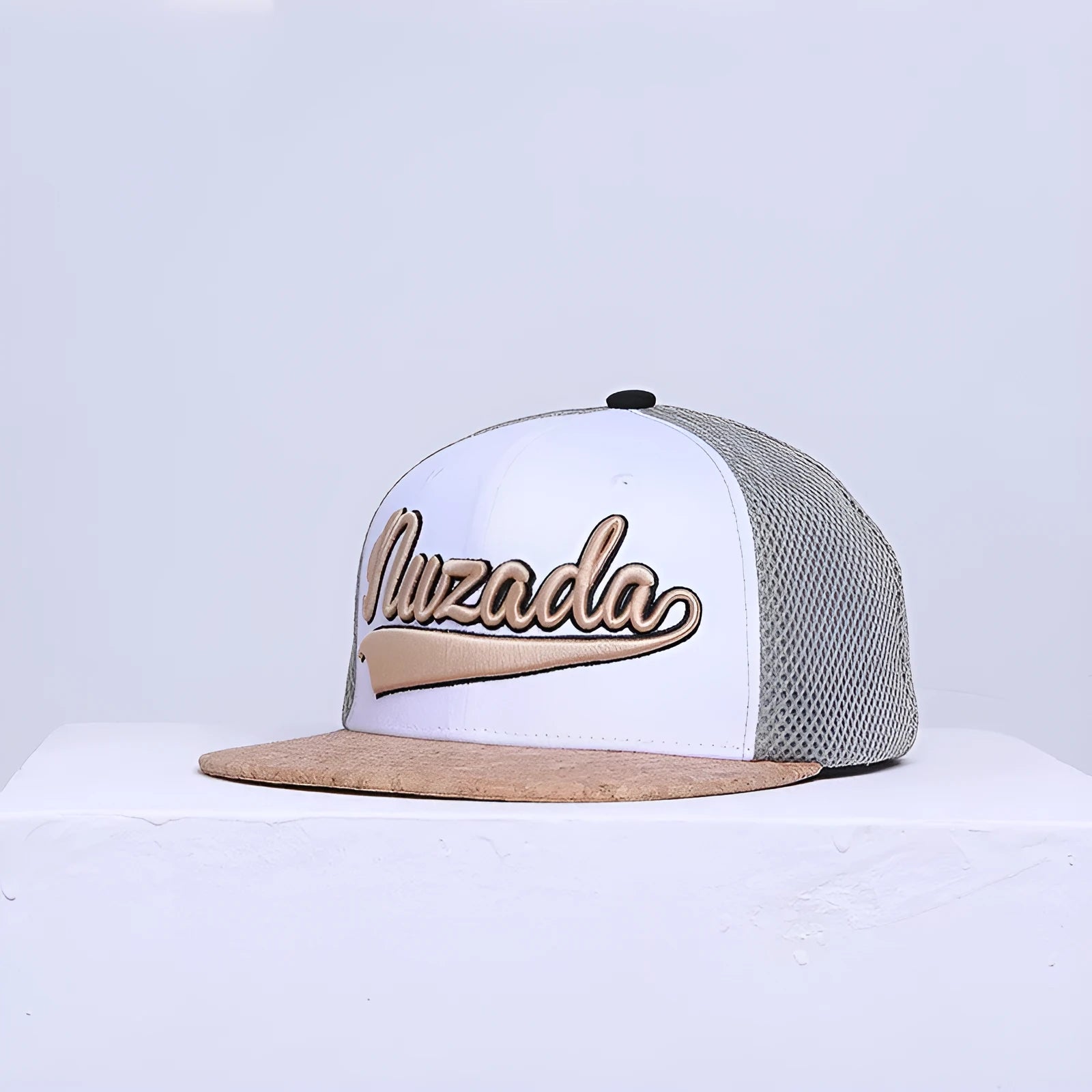 White mesh baseball cap with cotton twill construction, big brim, letter pattern, adjustable size 57-62CM
