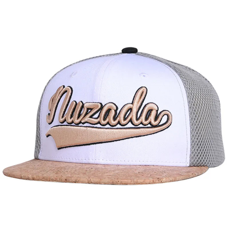 White mesh baseball cap with cotton twill construction, big brim, letter pattern, adjustable size 57-62CM