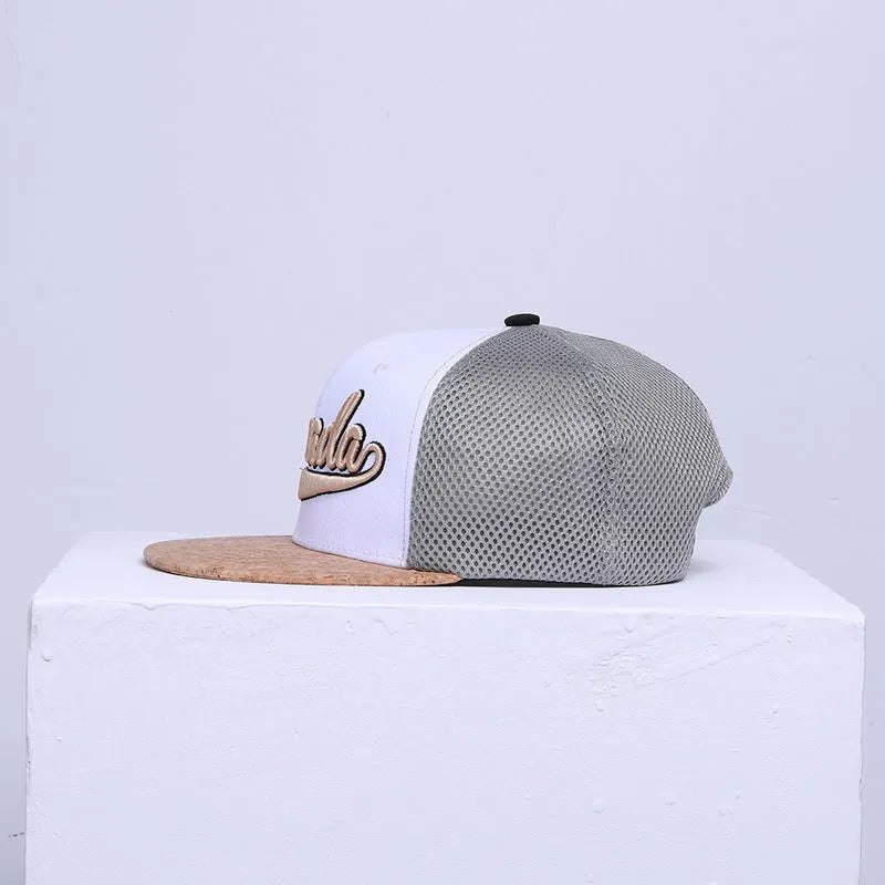 White mesh baseball cap with cotton twill construction, big brim, letter pattern, adjustable size 57-62CM