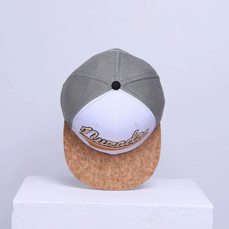 White mesh baseball cap with cotton twill construction, big brim, letter pattern, adjustable size 57-62CM
