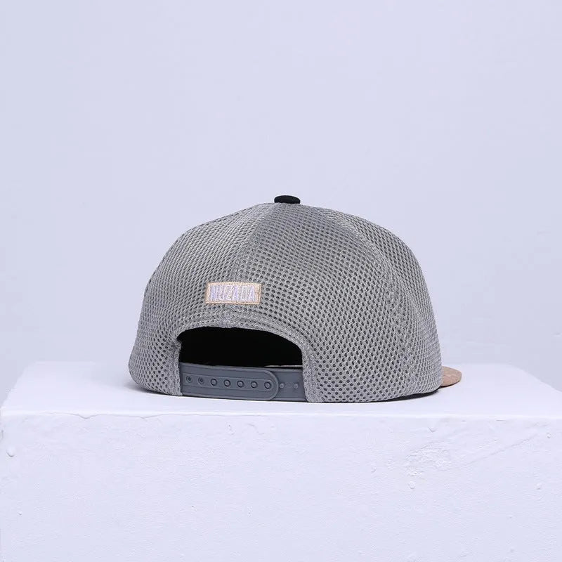 White mesh baseball cap with cotton twill construction, big brim, letter pattern, adjustable size 57-62CM