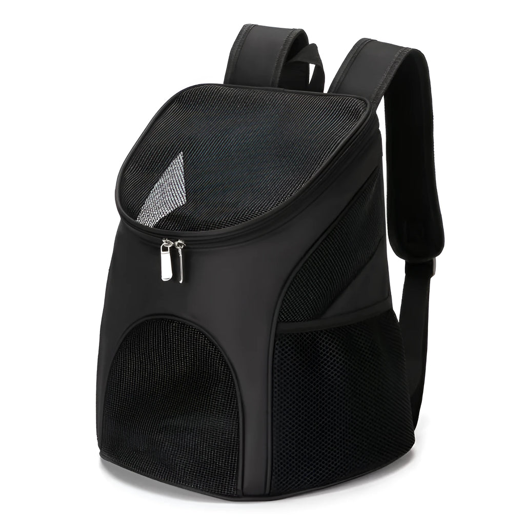 Pet backpack in black colour showing portable design for small to medium pet transport