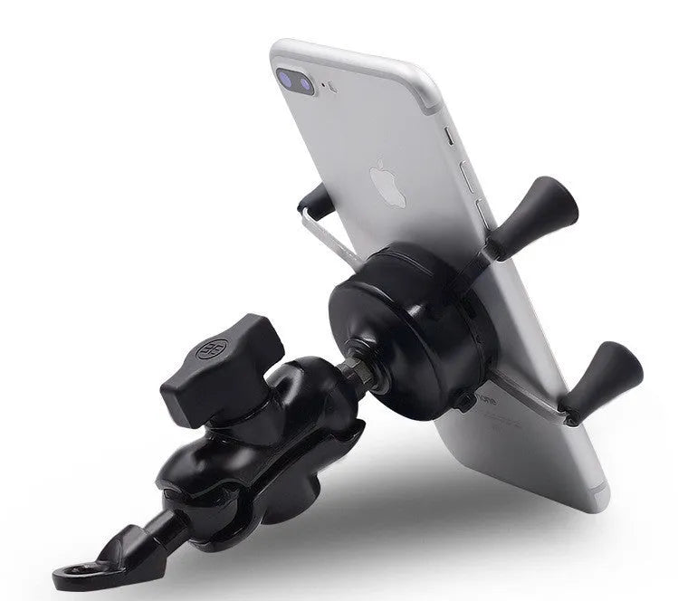 Black aluminium alloy motorcycle phone mounting bracket on a bicycle handlebar, holding a smartphone.