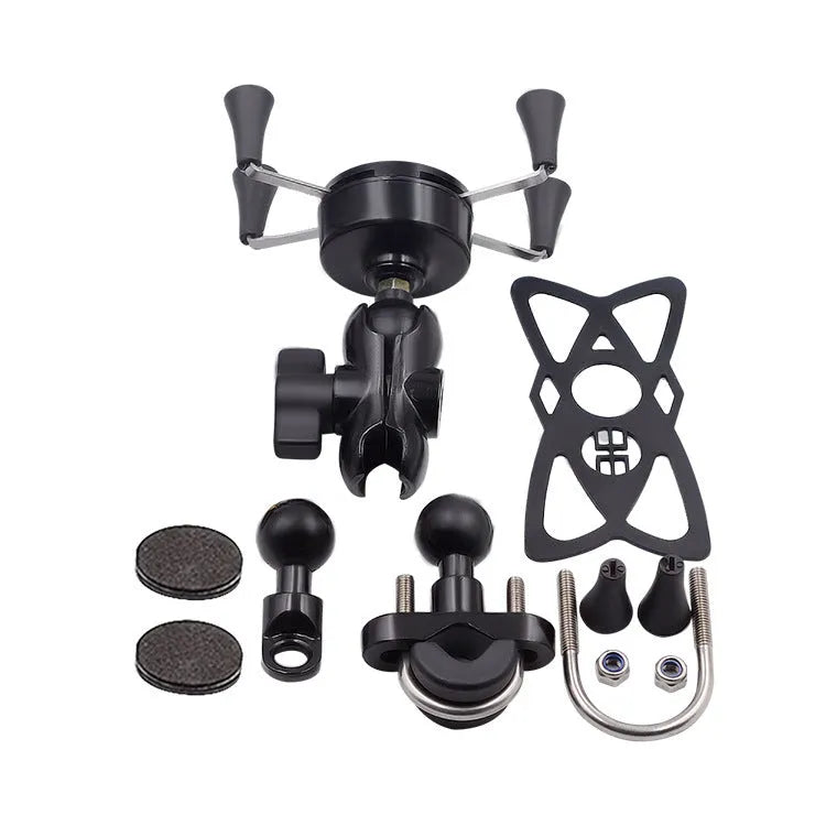 Black aluminium alloy motorcycle phone mounting bracket on a bicycle handlebar, holding a smartphone.