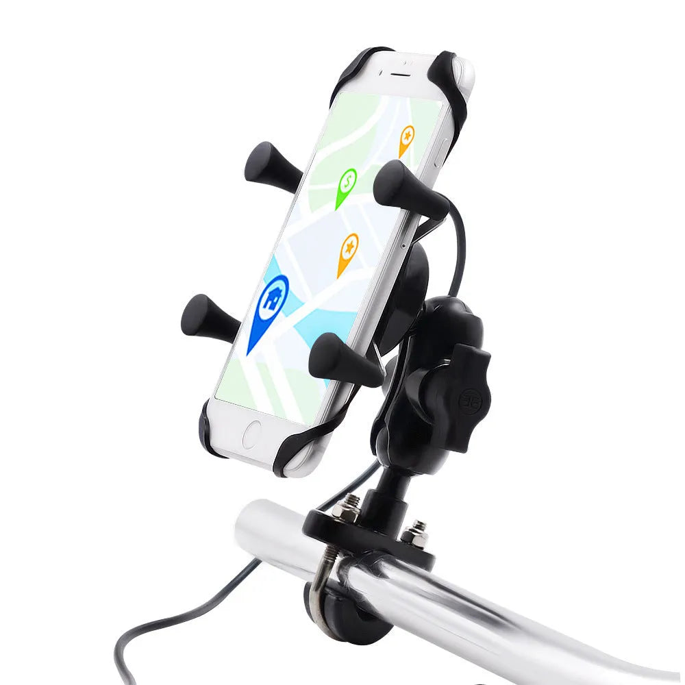 Black aluminium alloy motorcycle phone mounting bracket on a bicycle handlebar, holding a smartphone.