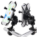 Black aluminium alloy motorcycle phone mounting bracket on a bicycle handlebar, holding a smartphone.