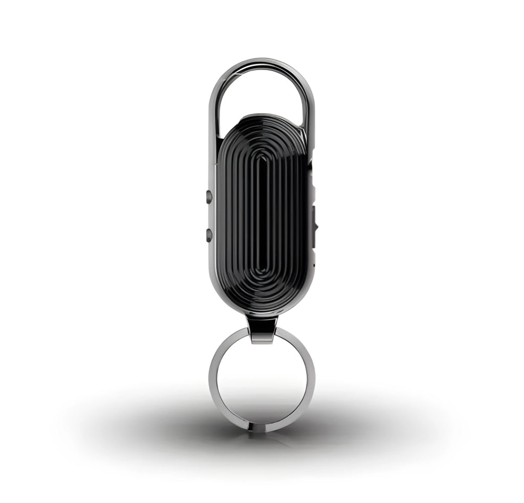 Black zinc alloy voice control digital audio recorder with USB cable and earphones.
