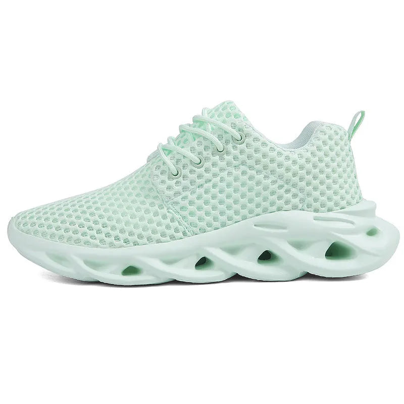 Men's hollow mesh breathable casual sneakers in beige, showing side view with lace-up closure and rubber sole.