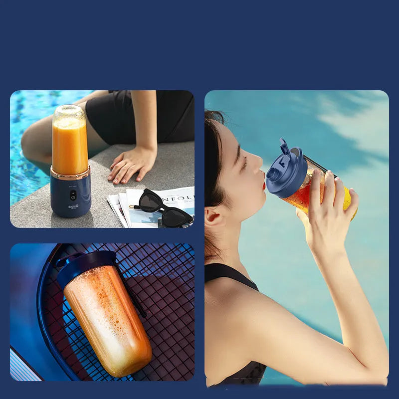 Tunisian dark blue portable USB blender with 6 blades, 400ml cup, and charging cable