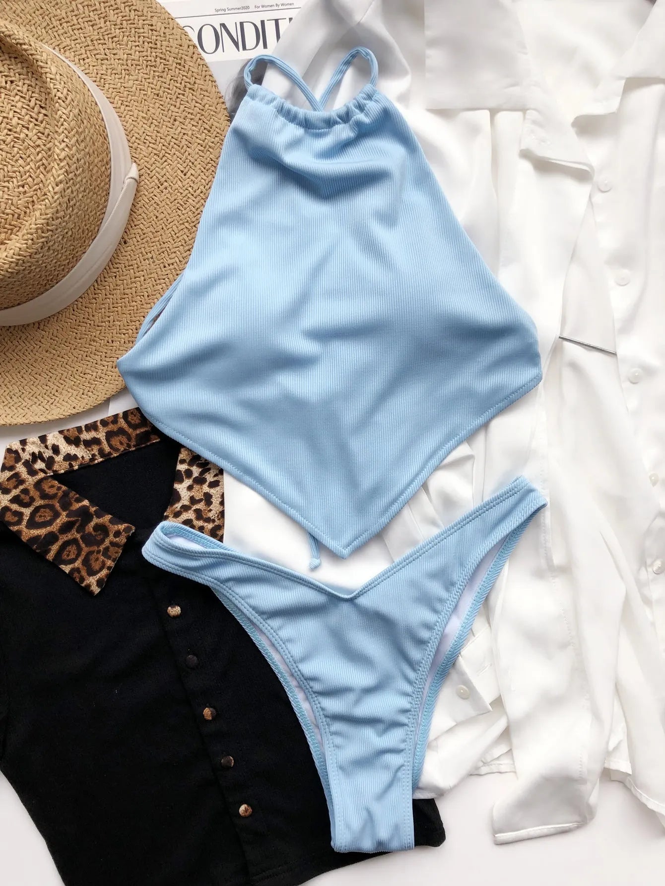 Sky blue women's high-waist bikini set with non-wire top and chest pads, nylon blend, sizes S M L