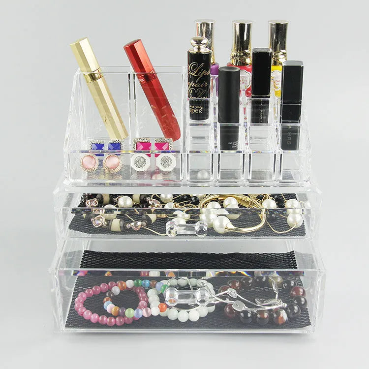 Clear foldable acrylic storage box with transparent sides, shown empty and collapsed flat.