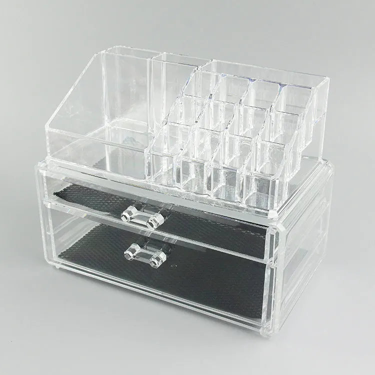Clear foldable acrylic storage box with transparent sides, shown empty and collapsed flat.