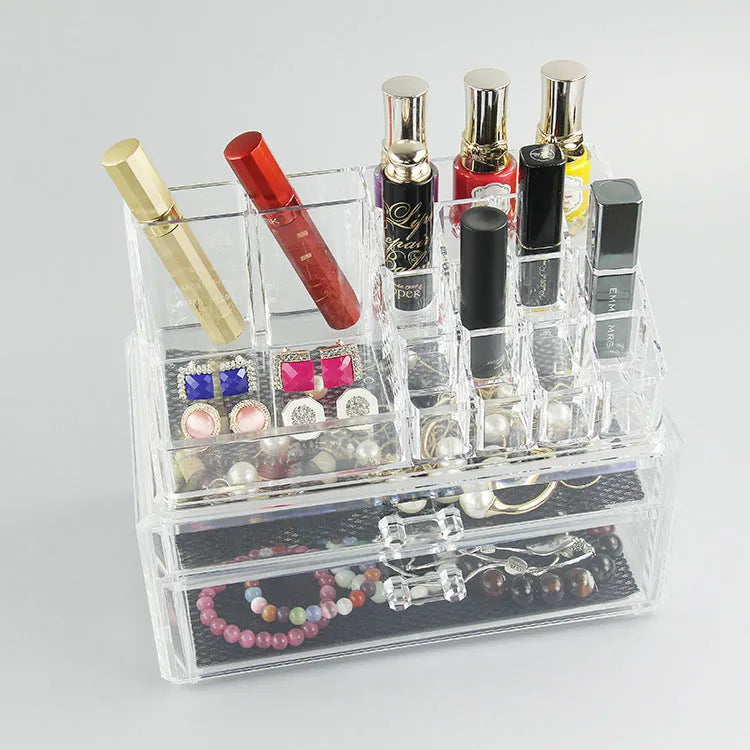 Clear foldable acrylic storage box with transparent sides, shown empty and collapsed flat.