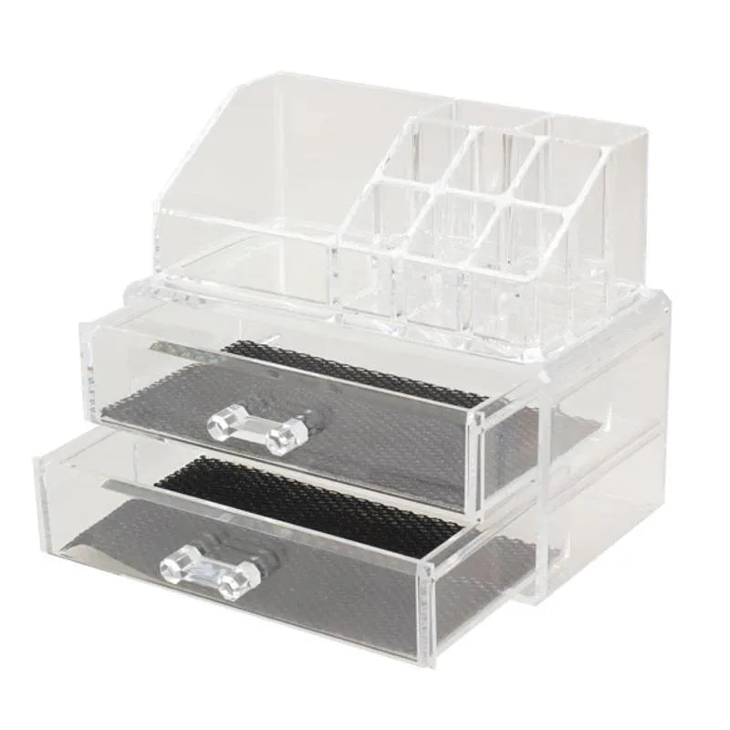 Clear foldable acrylic storage box with transparent sides, shown empty and collapsed flat.