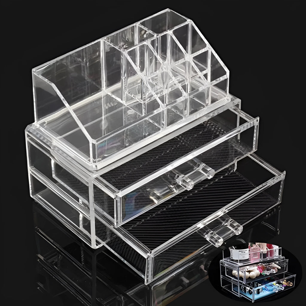 Clear foldable acrylic storage box with transparent sides, shown empty and collapsed flat.