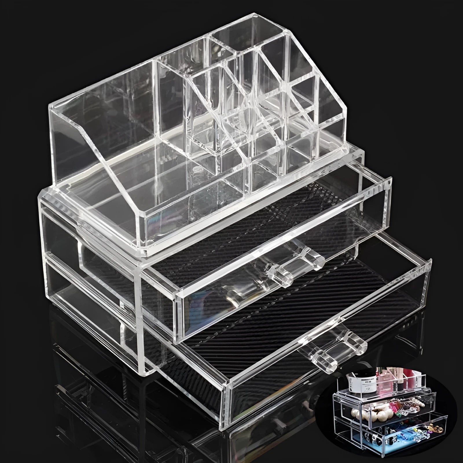 Clear foldable acrylic storage box with transparent sides, shown empty and collapsed flat.
