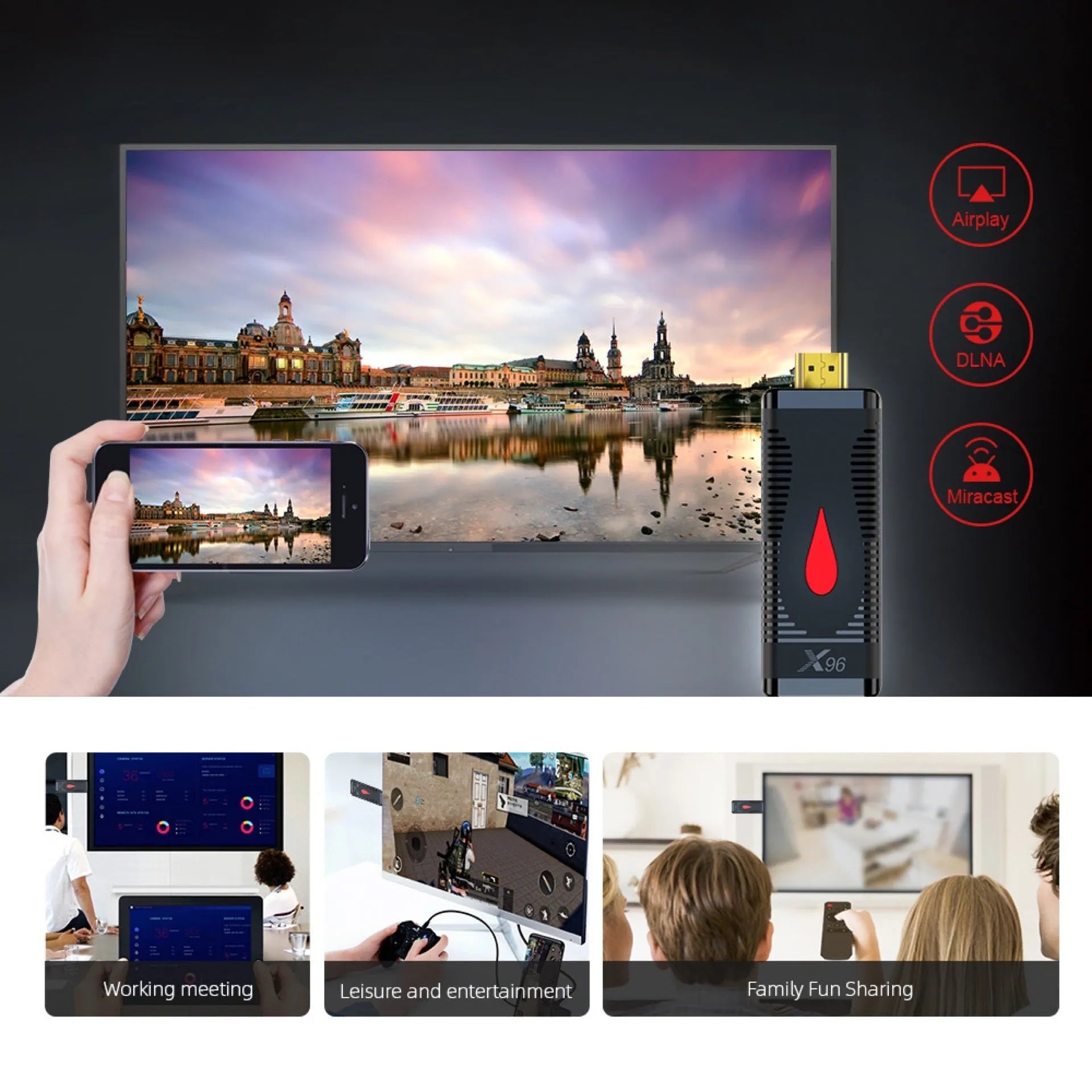 Compact black TV stick dongle set-top box with remote control, HDMI cable, and power supply.