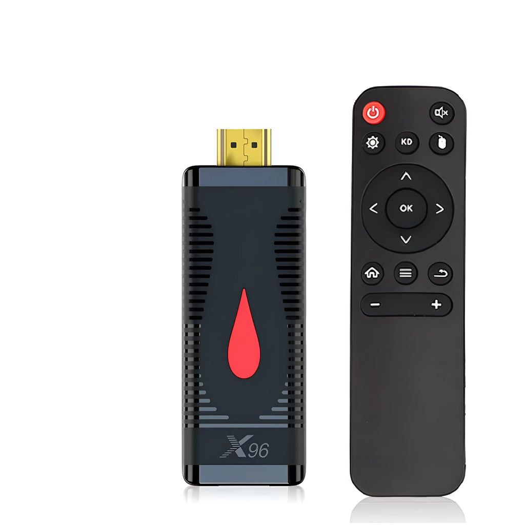 Compact black TV stick dongle set-top box with remote control, HDMI cable, and power supply.