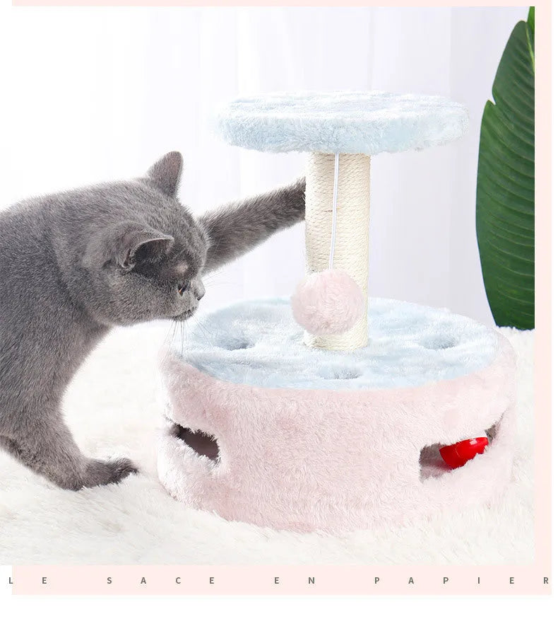 Small cat climbing frame with plush platform and sisal scratching post for indoor cats