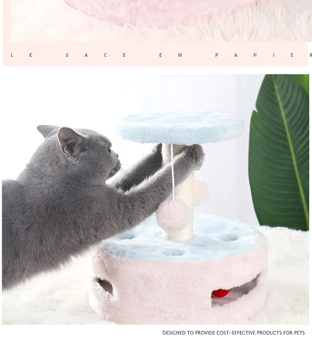 Small cat climbing frame with plush platform and sisal scratching post for indoor cats