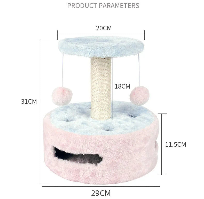 Small cat climbing frame with plush platform and sisal scratching post for indoor cats