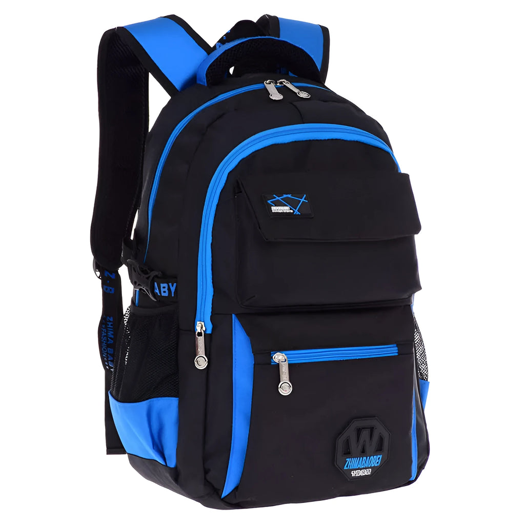 Green waterproof nylon schoolbag for students with side mesh pocket and multiple compartments.