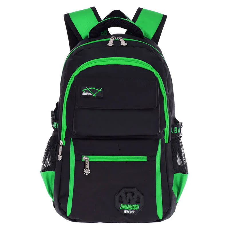 Green waterproof nylon schoolbag for students with side mesh pocket and multiple compartments.